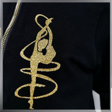 Load image into Gallery viewer, RG Black Zip Front Sweater &quot;GYMNAST GOLD &quot;
